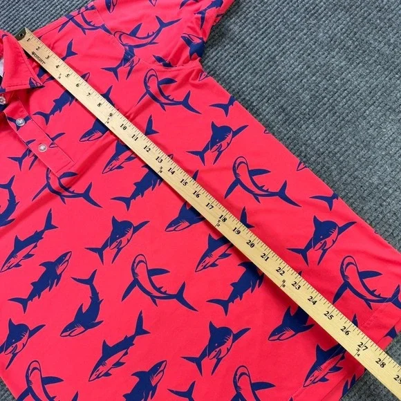 Waggle Golf Polo Shirt Mens Small Red Navy Blue Shark Print Performance Stretch - Picture 9 of 11